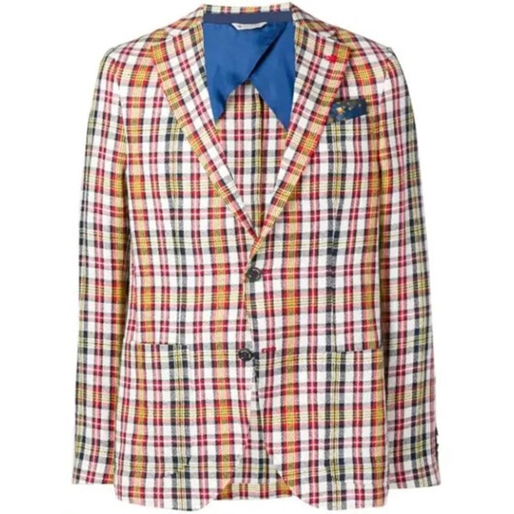 Manuel Ritz Kariertes Sakko Weiss Long Sleeve Blazer Plaid Multicolor Mens L NEW